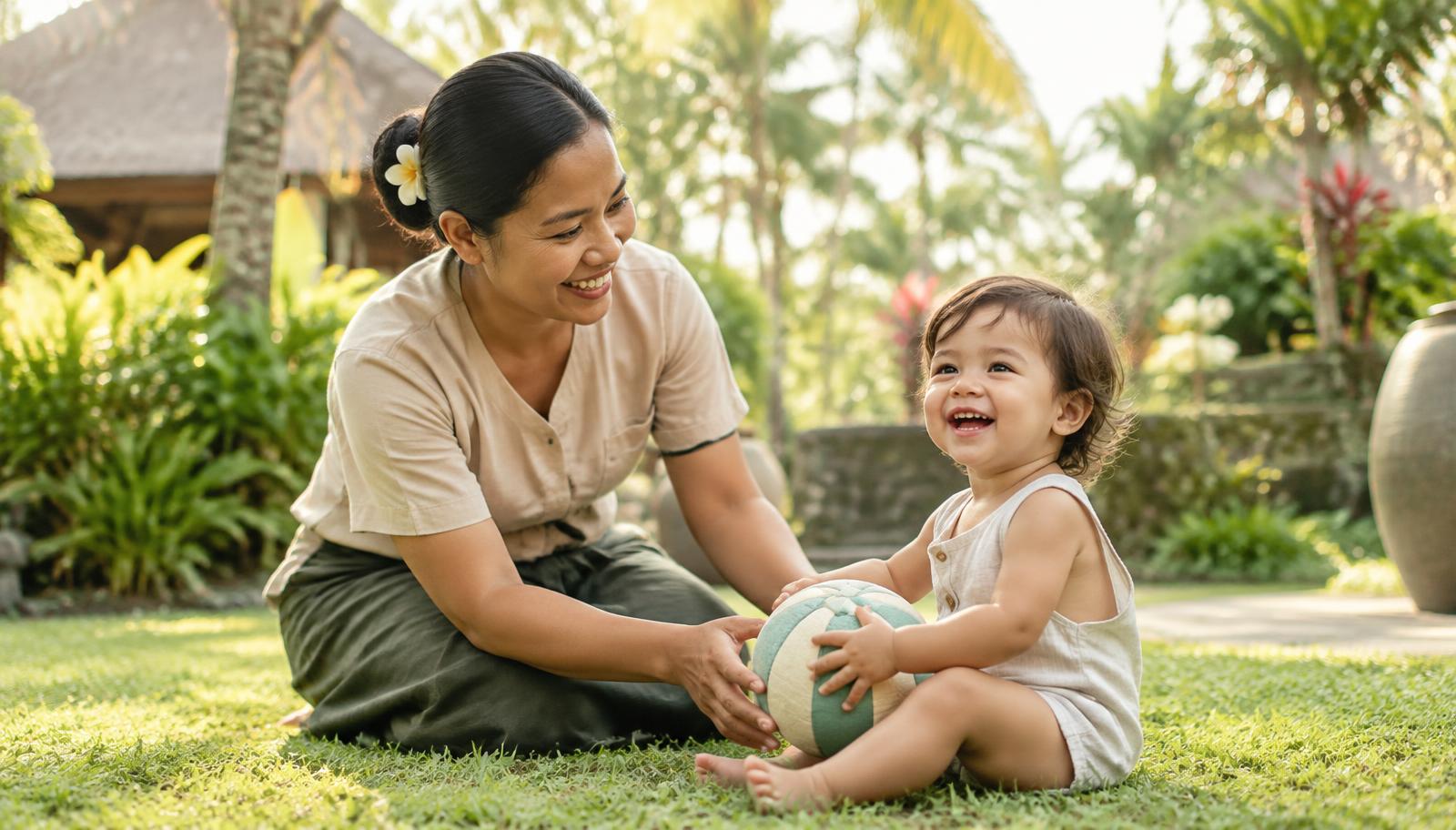 A caregiver playing with a toddler in a Bali garden